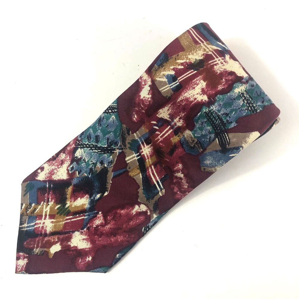 Henry Grethel Tie 100% Italian Silk Abstract Geometric Burgundy Teal Vintage 90s